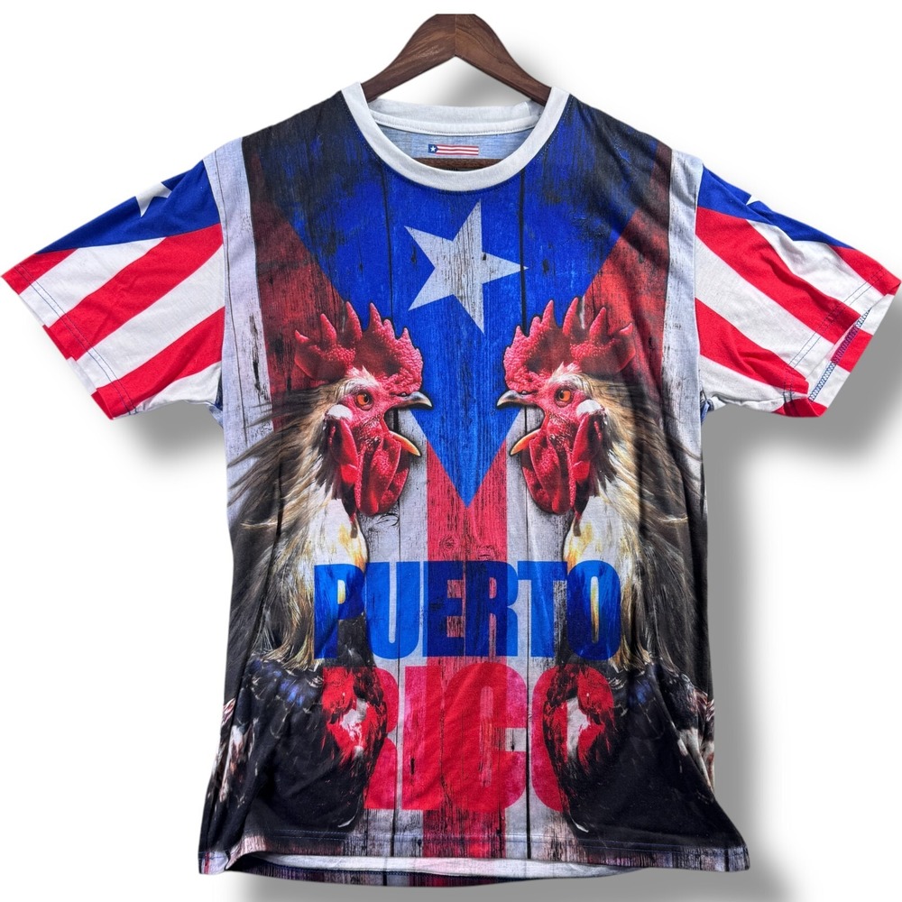 Mega USA Puerto Rico Rooster Flag T-Shirt Mens XXL 2XL Blue Red Short Sleeve